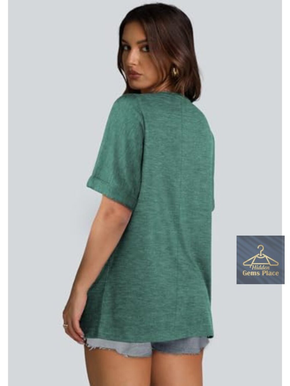 Oversized V-Neck Short Sleeve T-Shirt Soft Stretchy Summer Top - Picture 4 of 5